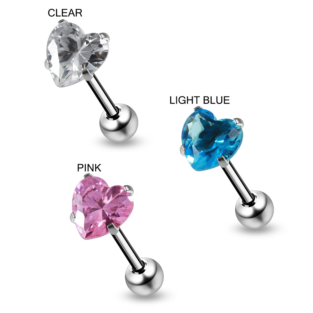 316L Surgical Steel Heart Shape Cubic Zirconia Jewelled Tongue Bar - Monster Piercing