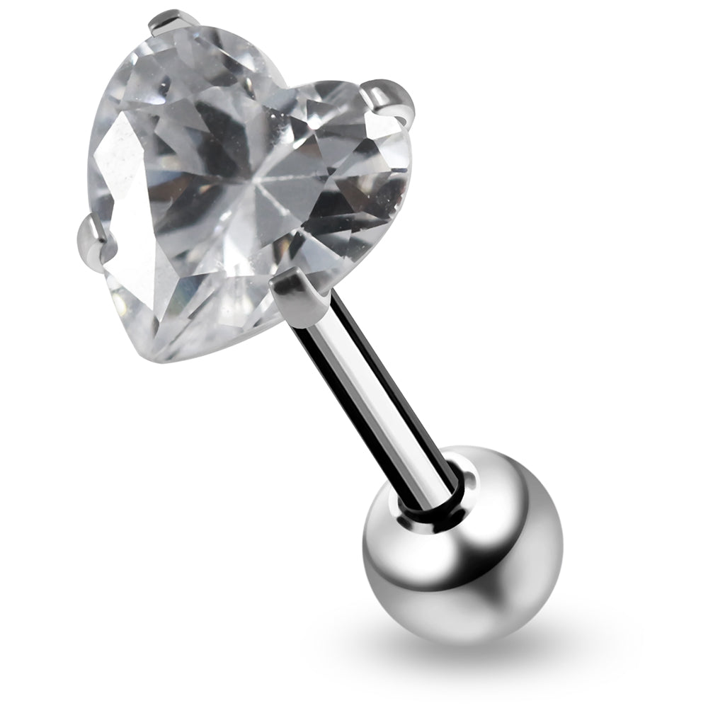 316L Surgical Steel Heart Shape Cubic Zirconia Jewelled Tongue Bar - Monster Piercing