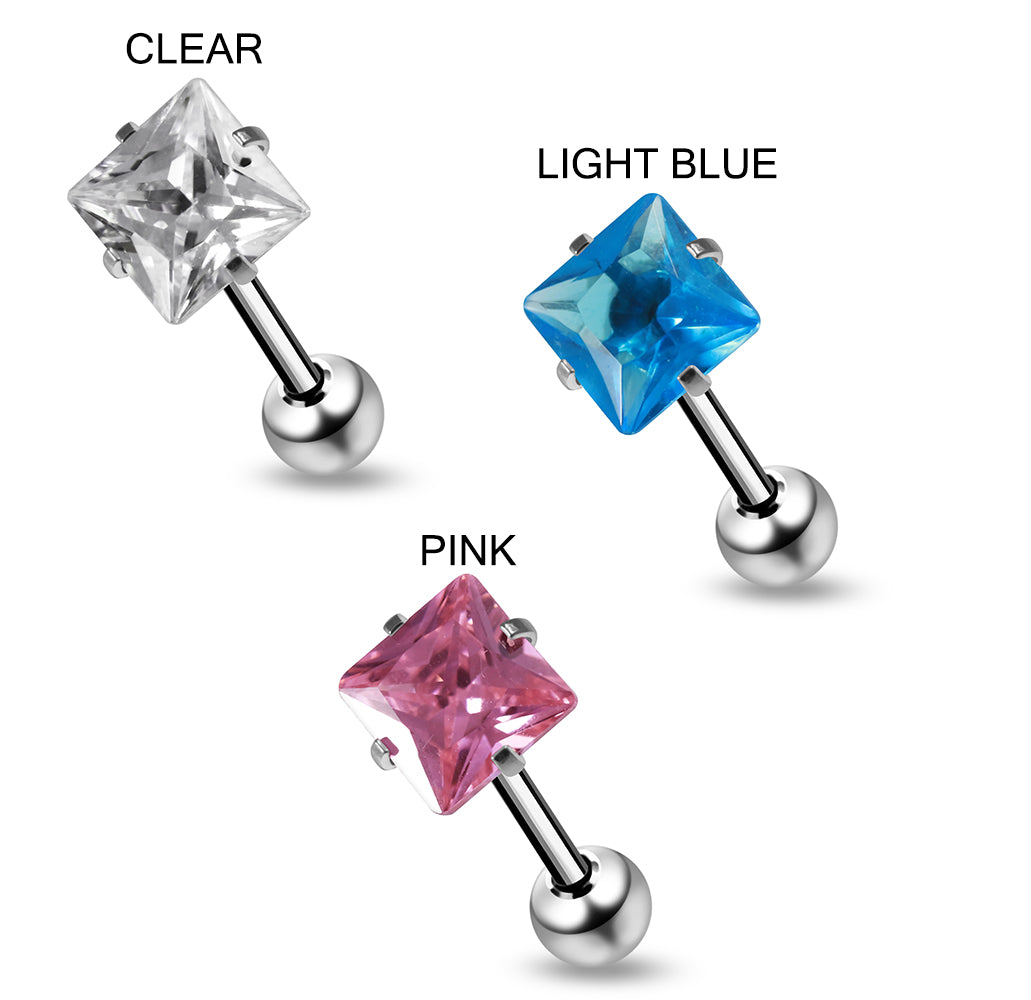 316L Surgical Steel Square Shape Cubic Zirconia Jewelled Tongue Bar - Monster Piercing