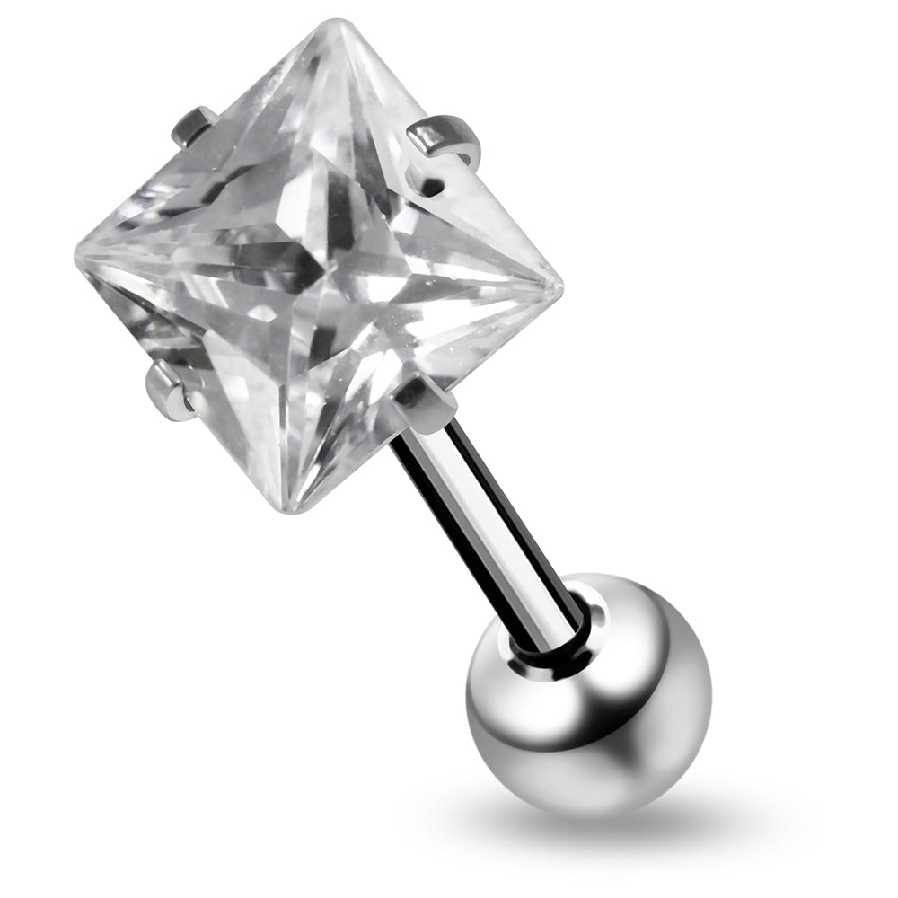 316L Surgical Steel Square Shape Cubic Zirconia Jewelled Tongue Bar - Monster Piercing