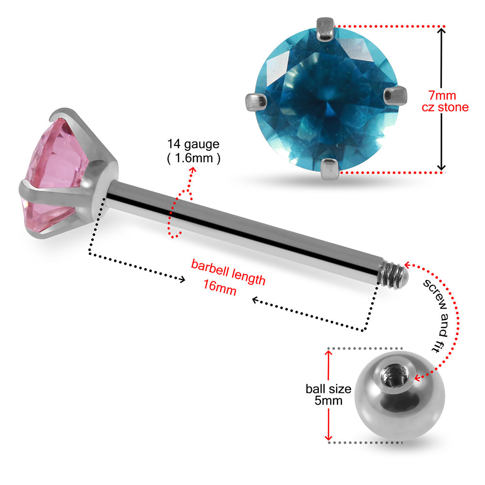 316L Surgical Steel Round Shape Cubic Zirconia Jewelled Tongue Bar - Monster Piercing