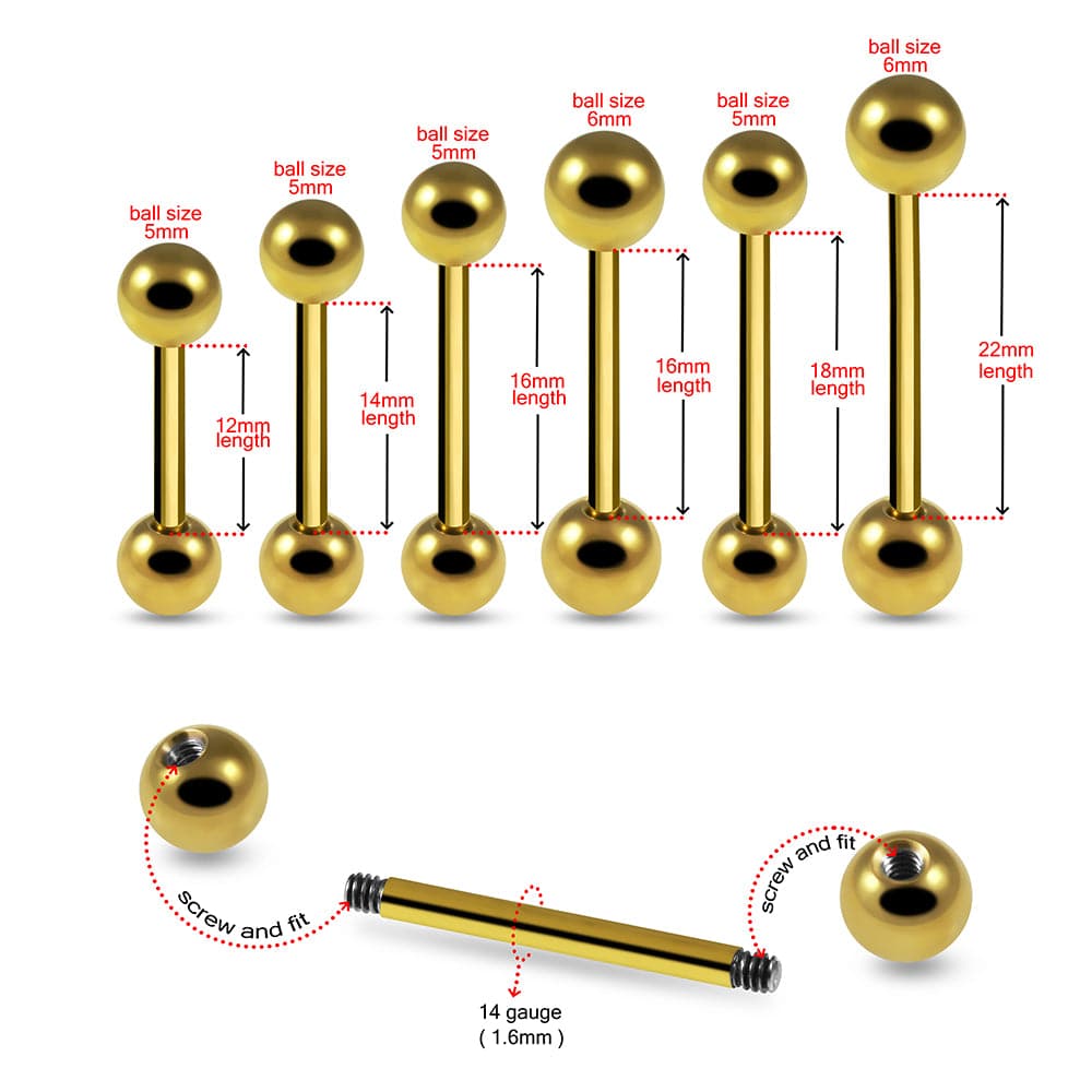 G23 Titanium Gold Anodised Straight Tongue Barbell with Ball - Monster Piercing