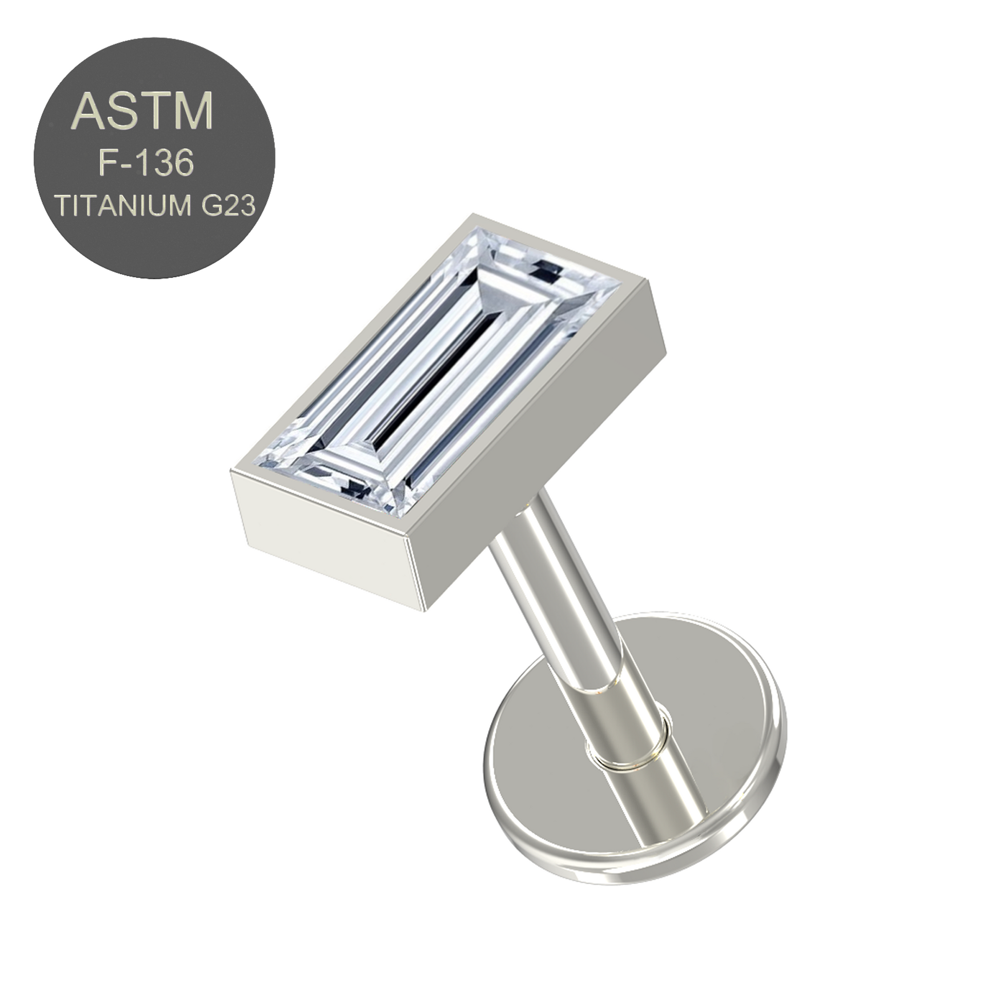 G23 Titanium Baguette CZ Jewelled Push-Fit Flatback Stud - Monster Piercing