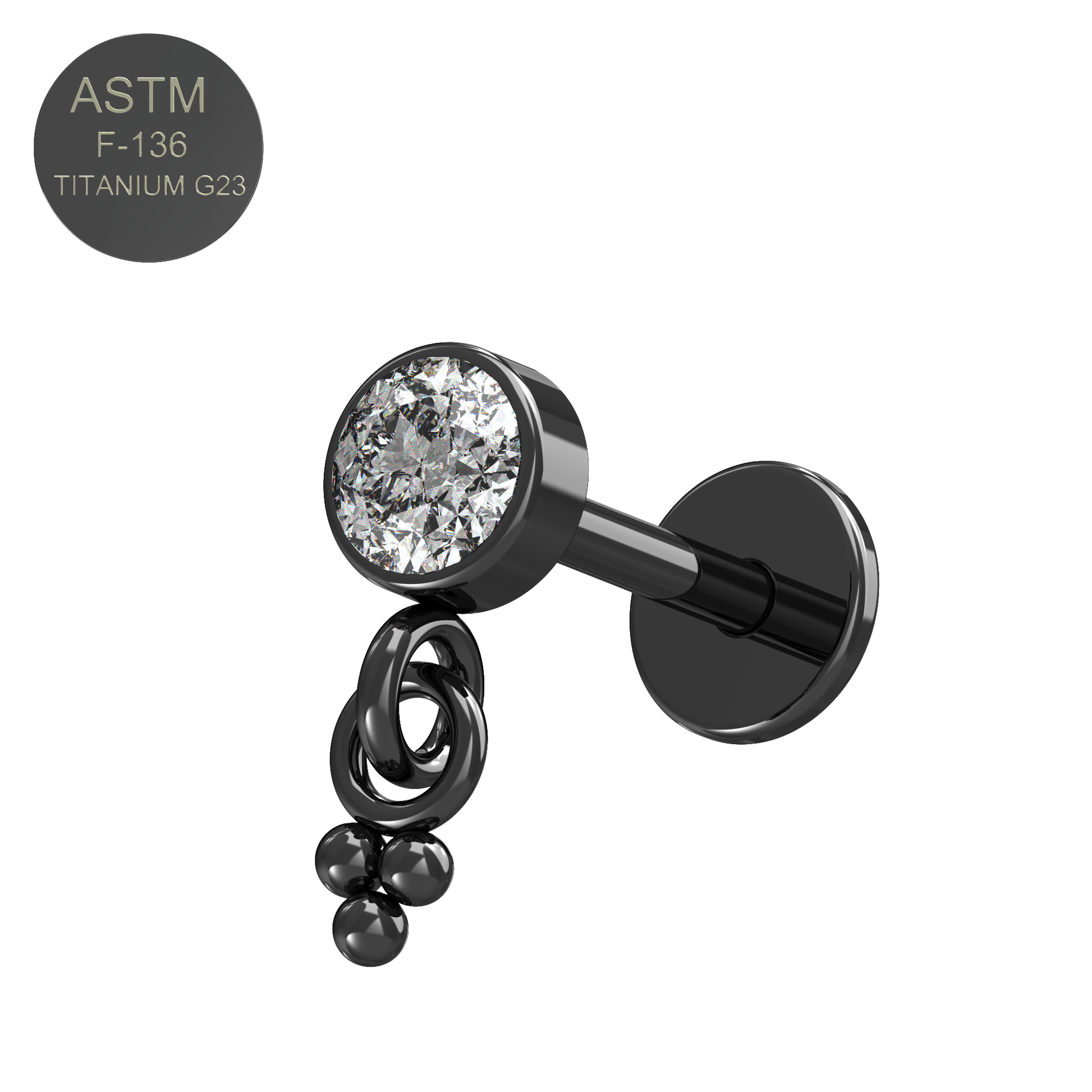 G23 Titanium CZ Jewelled Dangling Push-fit Flat Back - Monster Piercing