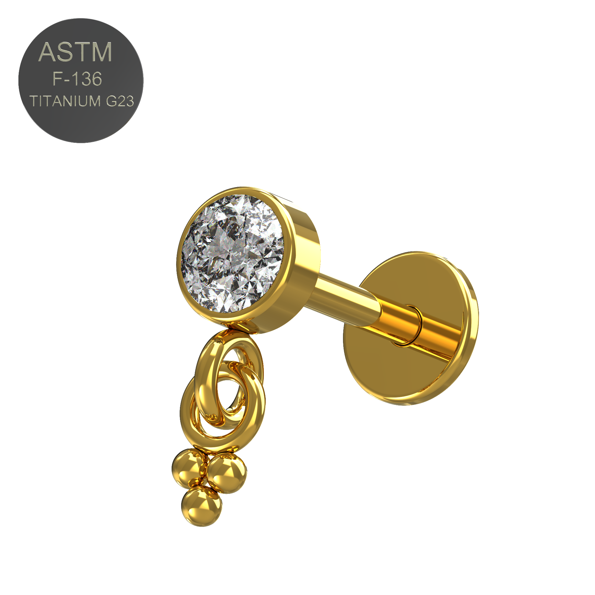 G23 Titanium CZ Jewelled Dangling Push-fit Flat Back - Monster Piercing