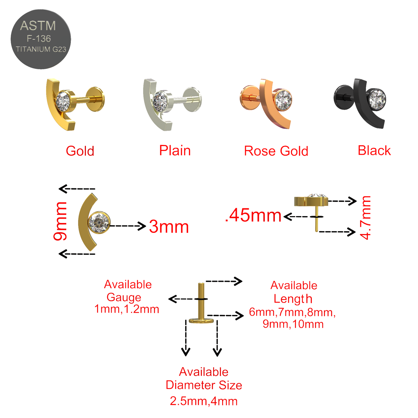 G23 Titanium Round CZ Jewelled Push-Fit Flatback Stud