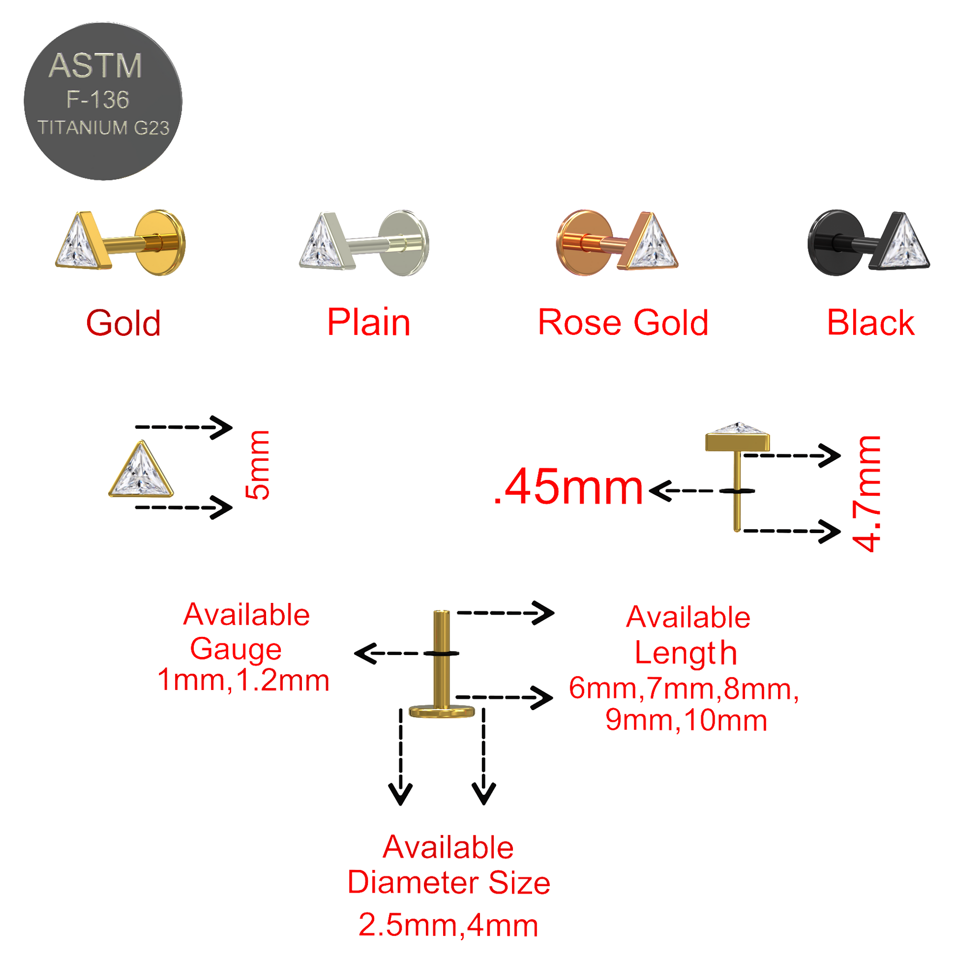 G23 Titanium Triangle Cubic Zirconia Jewelled Push-Fit Flat Back - Monster Piercing