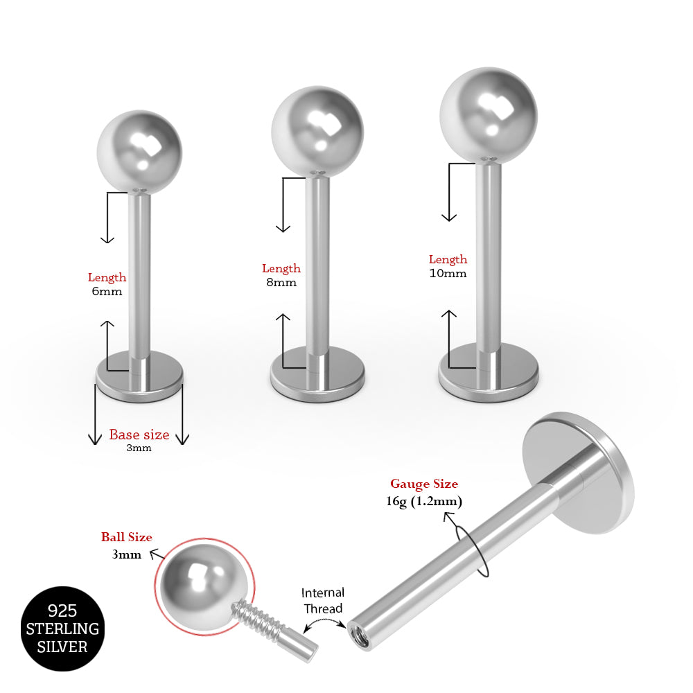925 Sterling Silver Labret Bar with Ball Labret Lip Rings Silver Silver / 6mm Silver / 8mm Silver / 10mm Gold / 6mm Gold / 8mm Gold / 10mm Rose Gold / 6mm Rose Gold / 8mm Rose Gold / 10mm