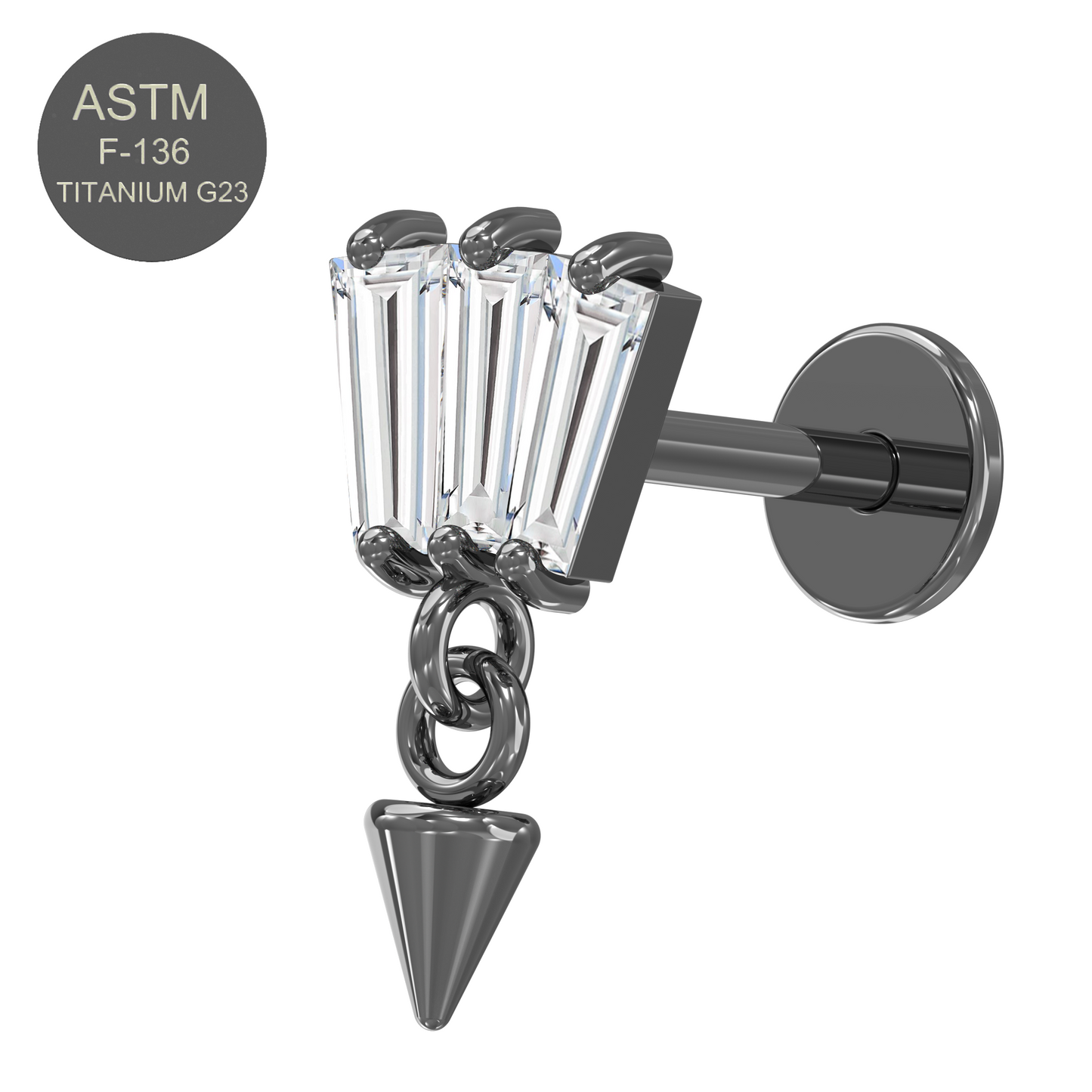 G23 Titanium Triple Baguette Jewelled Push-Fit Flatback Stud - Monster Piercing