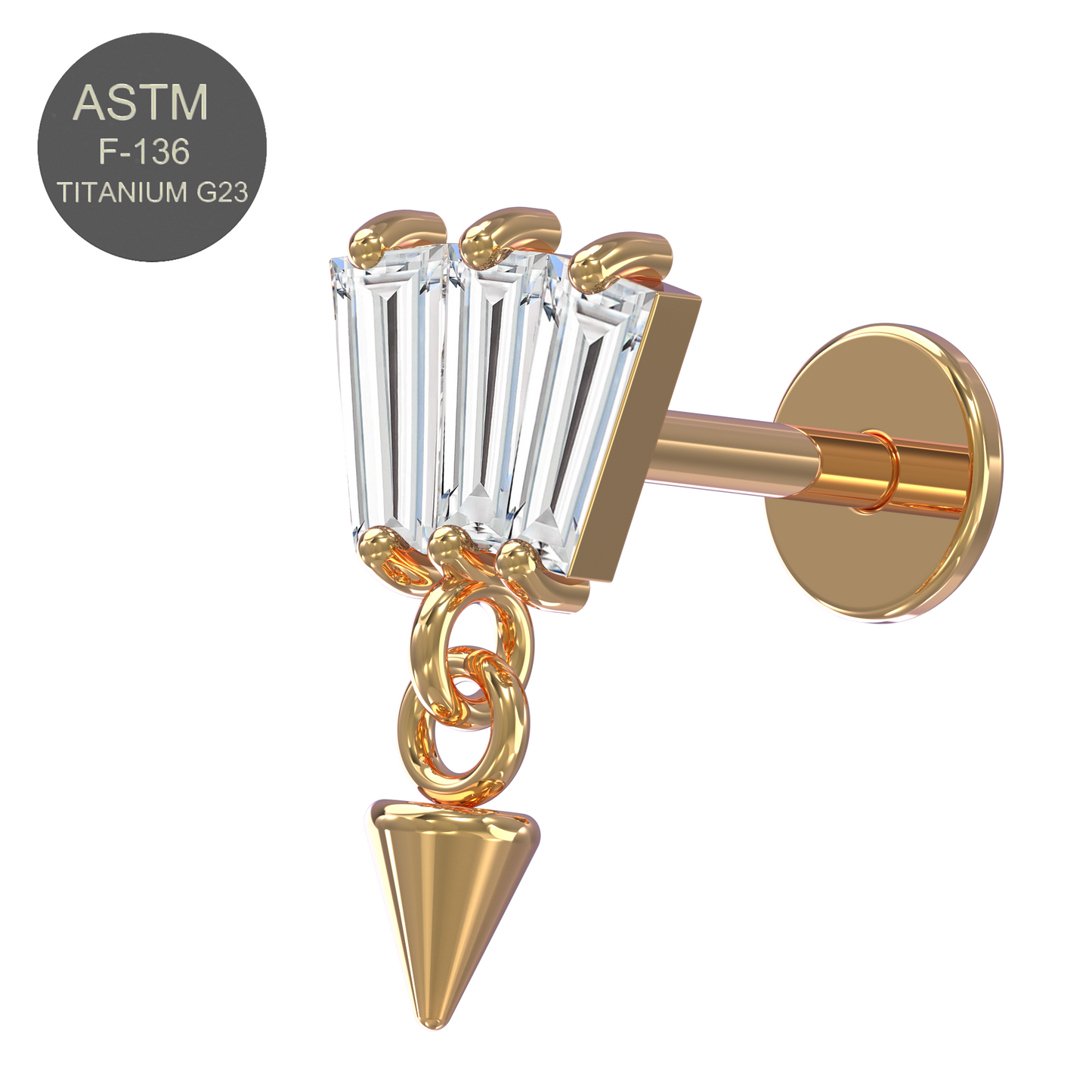 G23 Titanium Triple Baguette Jewelled Push-Fit Flatback Stud - Monster Piercing