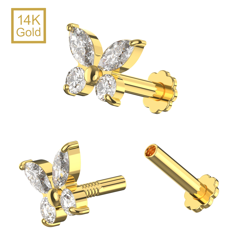 14K Gold CZ Jewelled Butterfly Design Internal Thread Labret with Flowerback Stud - Monster Piercing