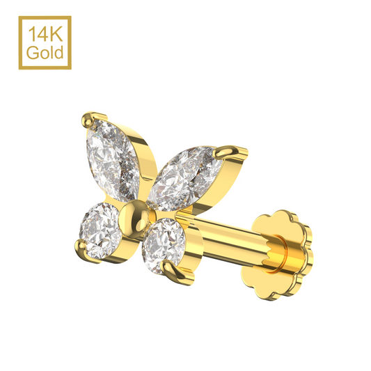 14K Gold CZ Jewelled Butterfly Design Internal Thread Labret with Flowerback Stud - Monster Piercing