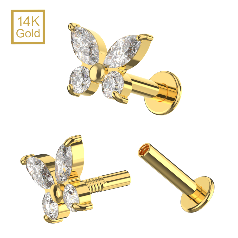 14K Gold CZ Jewelled Butterfly Internal Thread Labret with Flatback Stud - Monster Piercing