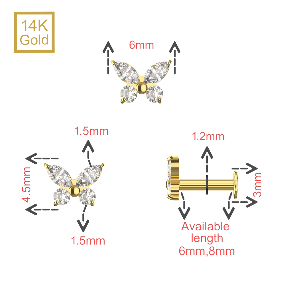 14K Gold CZ Jewelled Butterfly Internal Thread Labret with Flatback Stud - Monster Piercing