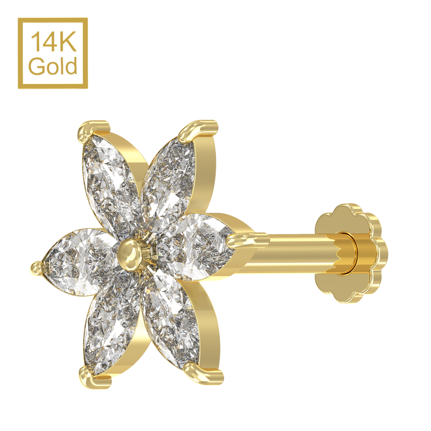 14K Gold Marquise CZ Jewelled Pentas Flower Internal Thread Labret with Flowerback Stud - Monster Piercing