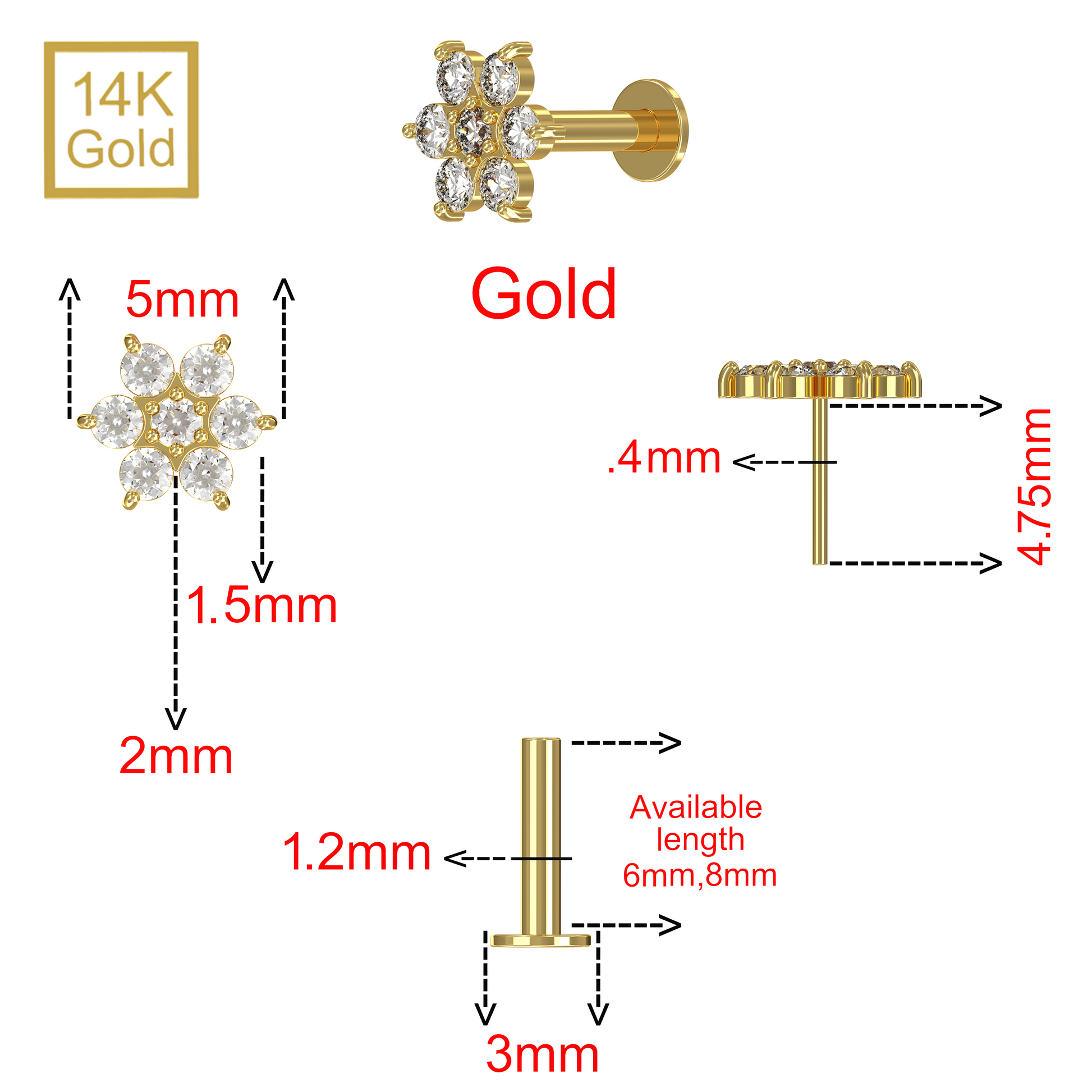 14K Gold Round CZ Jewelled Narcissus Flower Internal Thread Labret with Flatback Stud - Monster Piercing