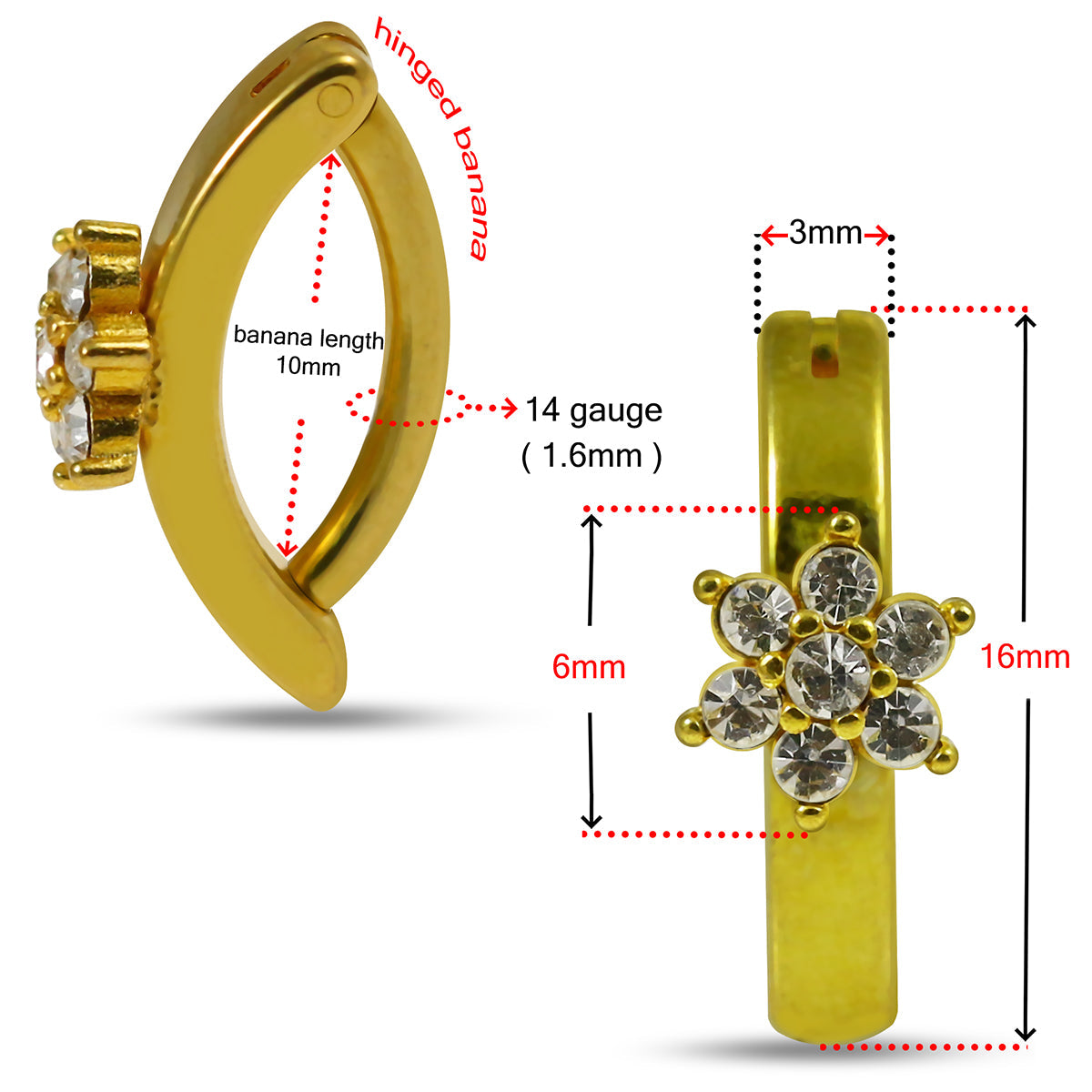 316L Surgical Steel Cubic Zirconia Flower Curved Clicker Belly Ring - Monster Piercing