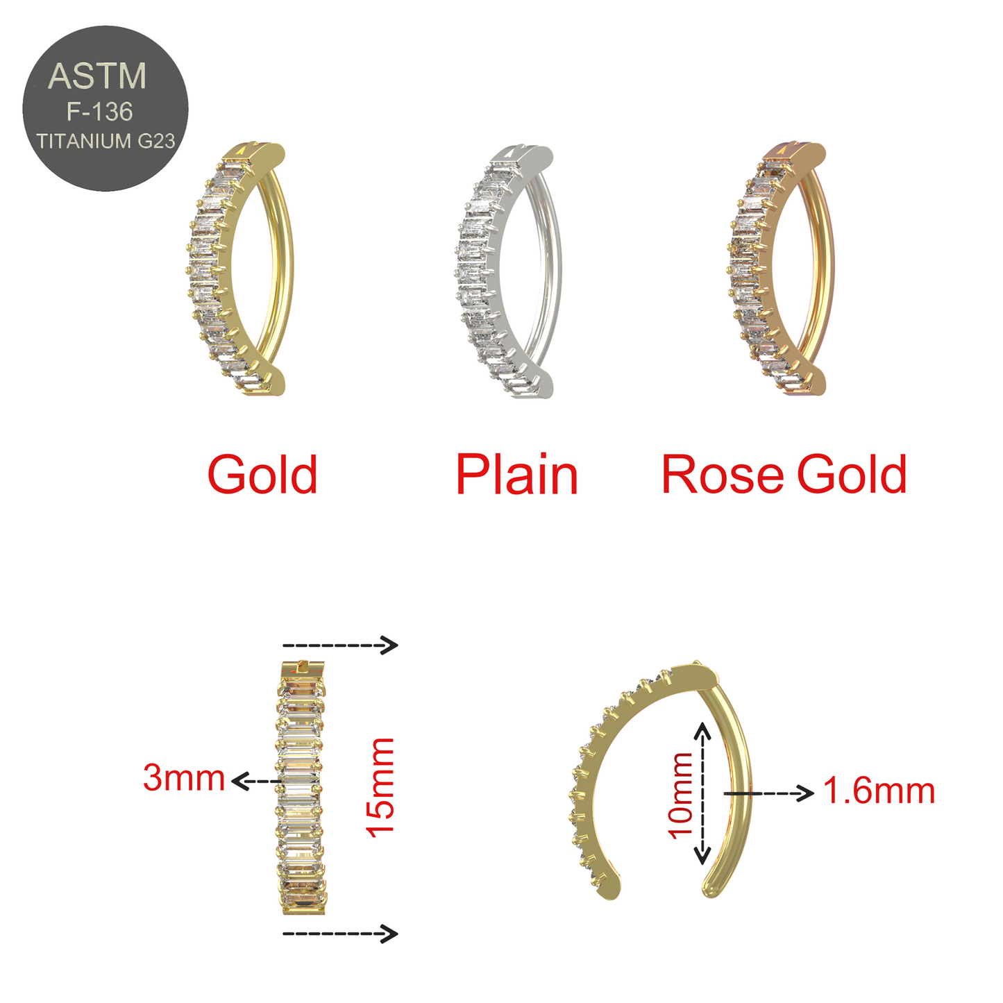 G23 Titanium Vertical Baguette CZ Crystal Lined Reverse Curved Belly Button Ring - Monster Piercing