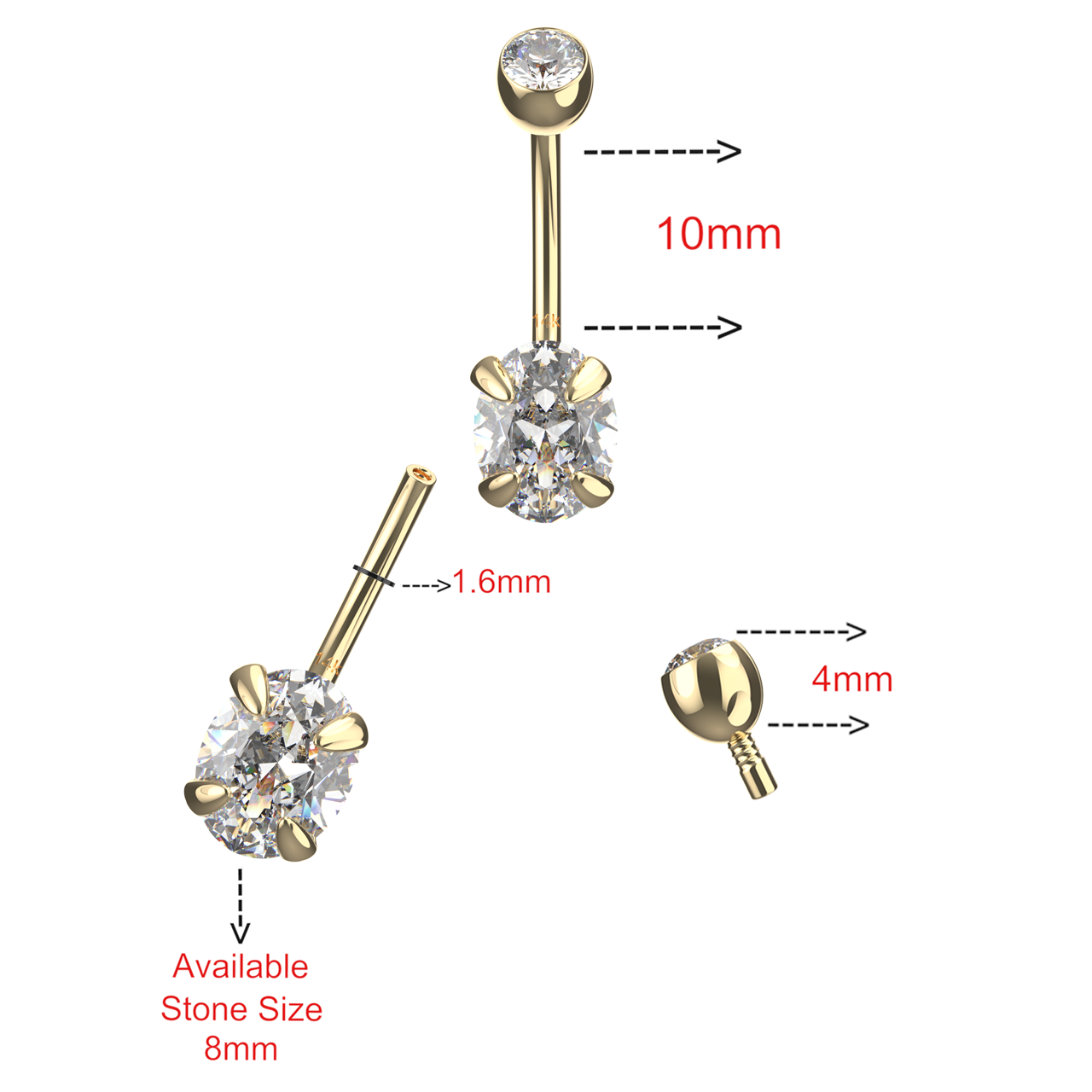 14K Gold Oval Cut CZ Jewelled Internally Threaded Top ball With CZ stone Belly Ring - Monster Piercing