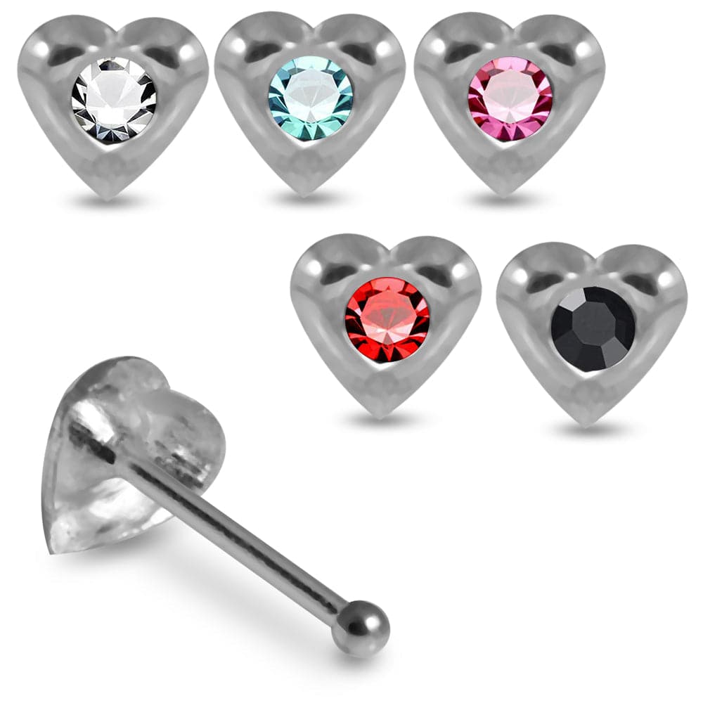 925 Sterling Silver 5pcs Jewelled Heart Nose Bone Set - Monster Piercing