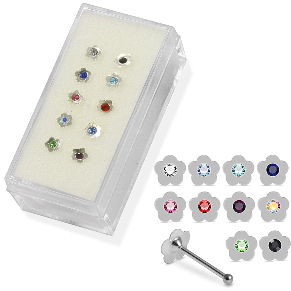 925 Sterling Silver 10pcs Jewelled Flower Nose Bone Box - Monster Piercing