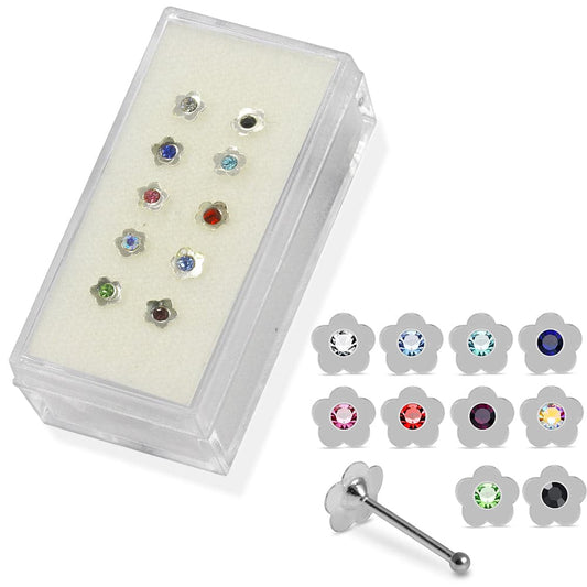 925 Sterling Silver 10pcs Jewelled Flower Nose Bone Box - Monster Piercing