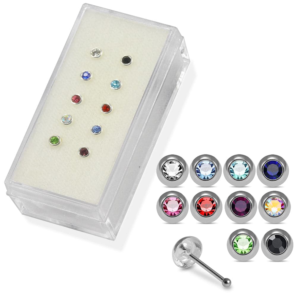 925 Sterling Silver 10pcs Jewelled Round CZ Nose Bone Set - Monster Piercing