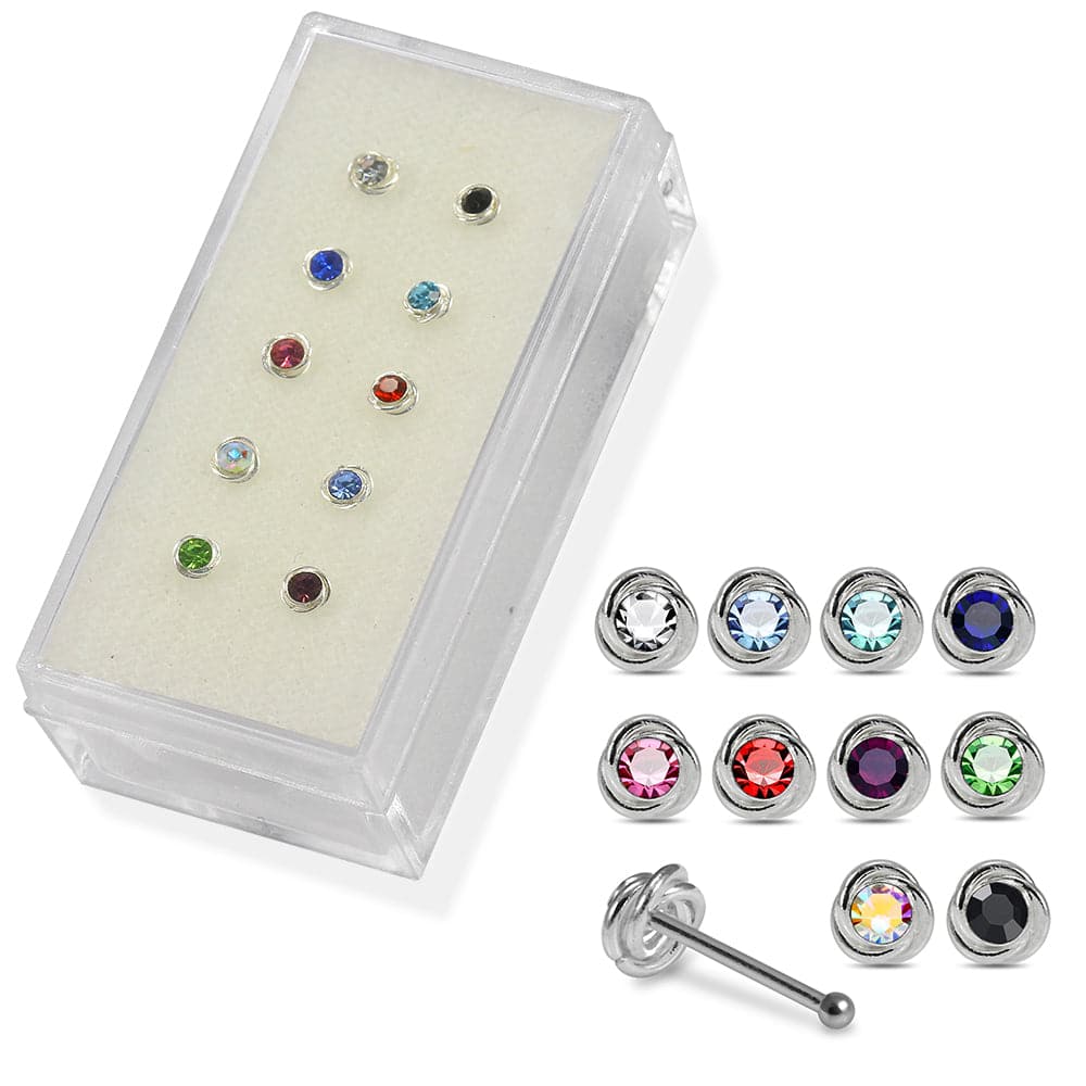925 Sterling Silver 10pcs Round CZ Jewelled Nose Bone Box - Monster Piercing