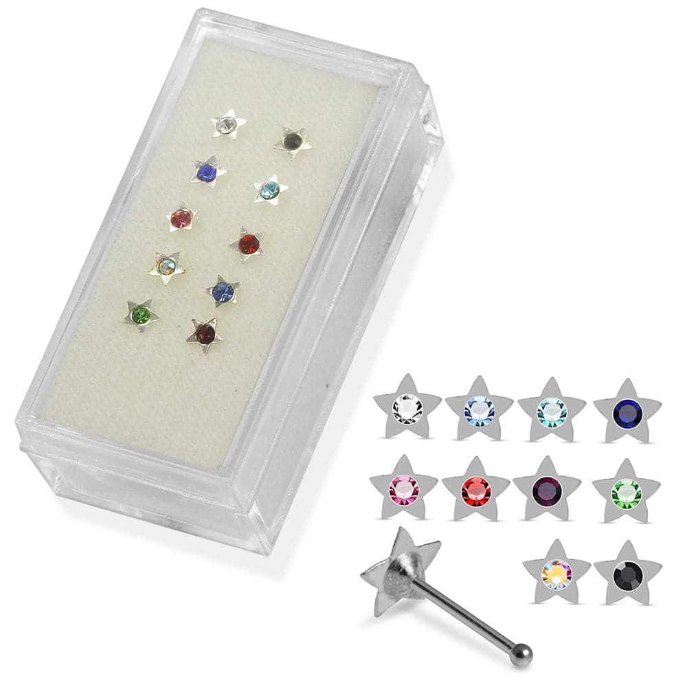 925 Sterling Silver 10pcs CZ Jewelled Star Nose Bone Box - Monster Piercing