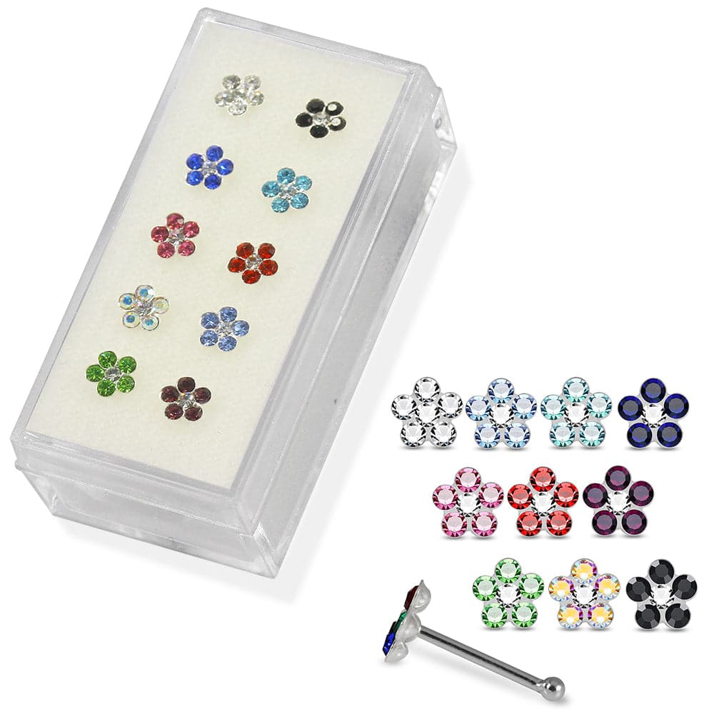 925 Sterling Silver 10pcs CZ Jewelled Floral Flower Nose Bone Set - Monster Piercing