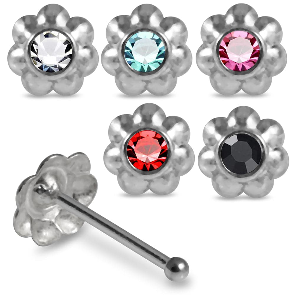 925 Sterling Silver 5pcs CZ Jewelled Flower Ball End Nose stud Box - Monster Piercing