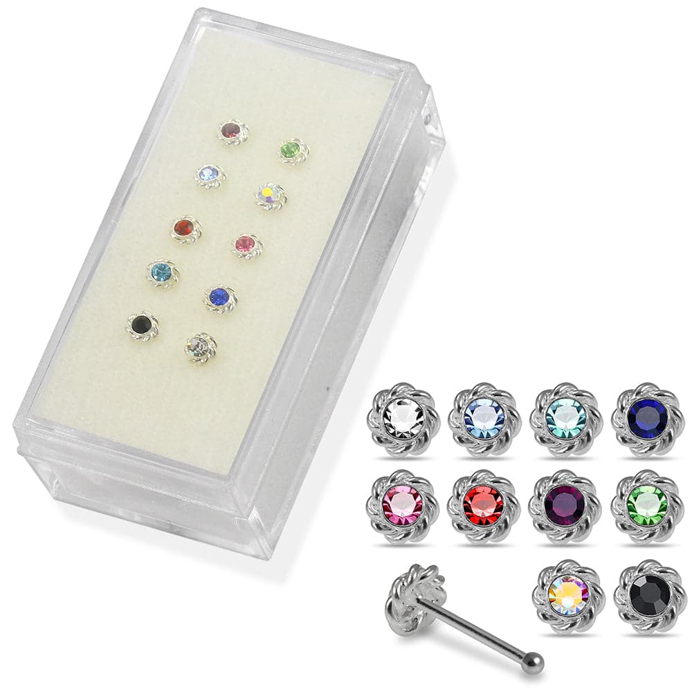 925 Sterling Silver 10pcs CZ Jewelled Flower Design Nose Bone Box - Monster Piercing