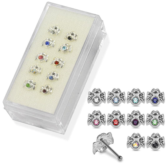 925 Sterling Silver 10pcs CZ Jewelled Spider Nose Bone Box - Monster Piercing