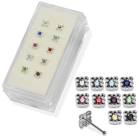 Set of 10pcs Mix 925 Sterling Silver CZ Jewelled Square Design Ball End Nose stud Box - Monster Piercing