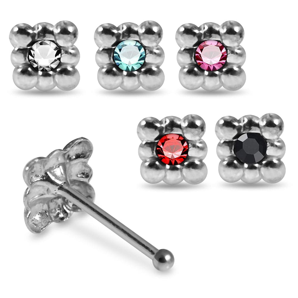 925 Sterling Silver 5pcs CZ Jewelled Square Design Nose Bone Box - Monster Piercing