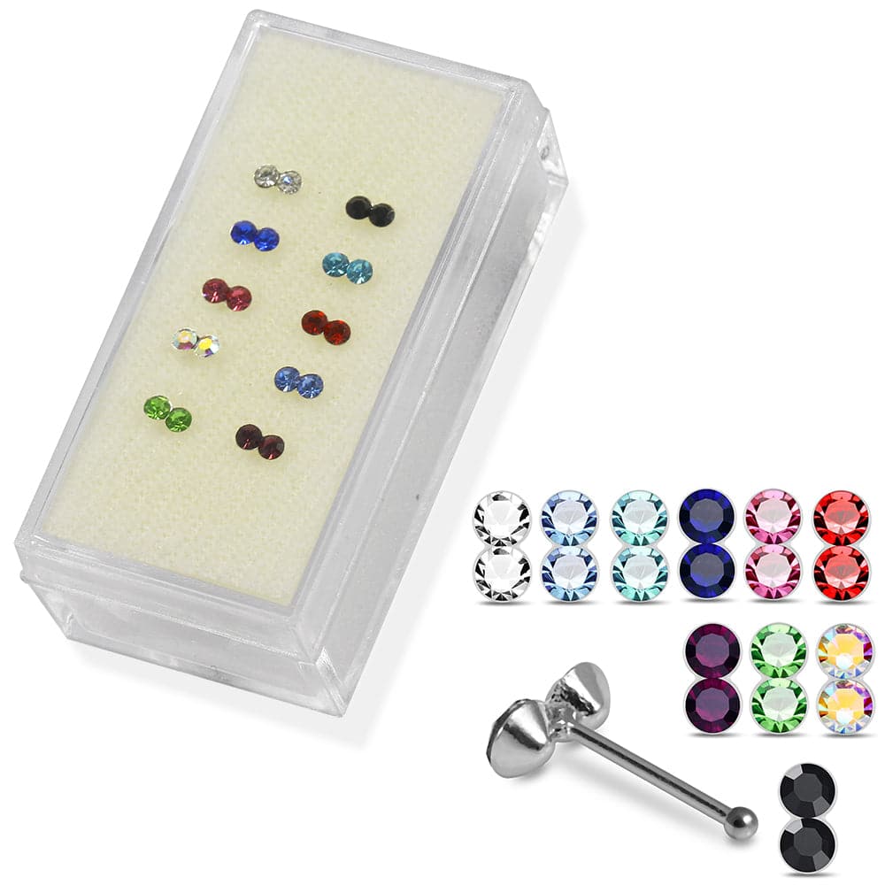 925 Sterling Silver 10pcs Double CZ Jewelled Nose Bone Set - Monster Piercing