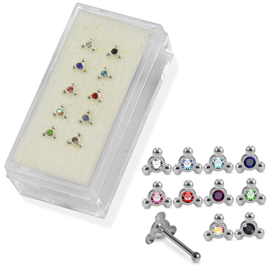 925 Sterling Silver 10pcs CZ Jewelled Triple Dot Nose Bone Box - Monster Piercing