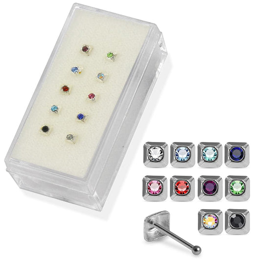 925 Sterling Silver 10pcs CZ Jewelled Pyramid Nose Bone Box - Monster Piercing