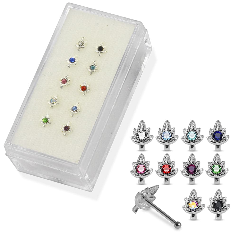 925 Sterling Silver 10pcs CZ Jewelled Marijuana Leaf Nose Bone Box - Monster Piercing