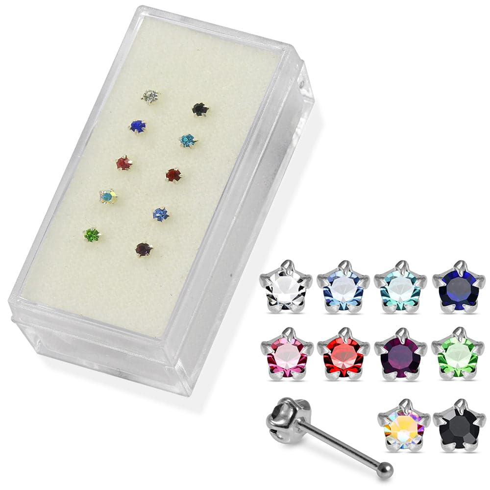 925 Sterling Silver 10pcs CZ Jewelled in Star Claw Setting Nose Bone Set - Monster Piercing