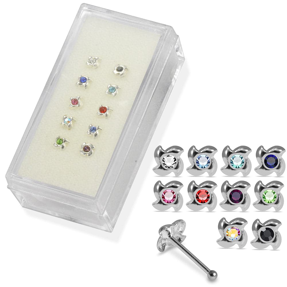 925 Sterling Silver 10pcs CZ Jewelled Swirl Design Nose Bone Box - Monster Piercing