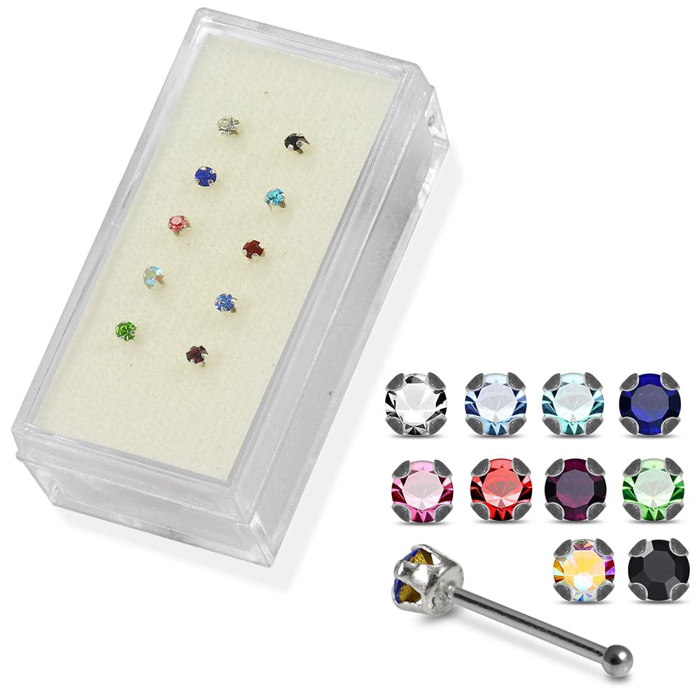 925 Sterling Silver 10pcs CZ Jewelled Nose Bone Box - Monster Piercing