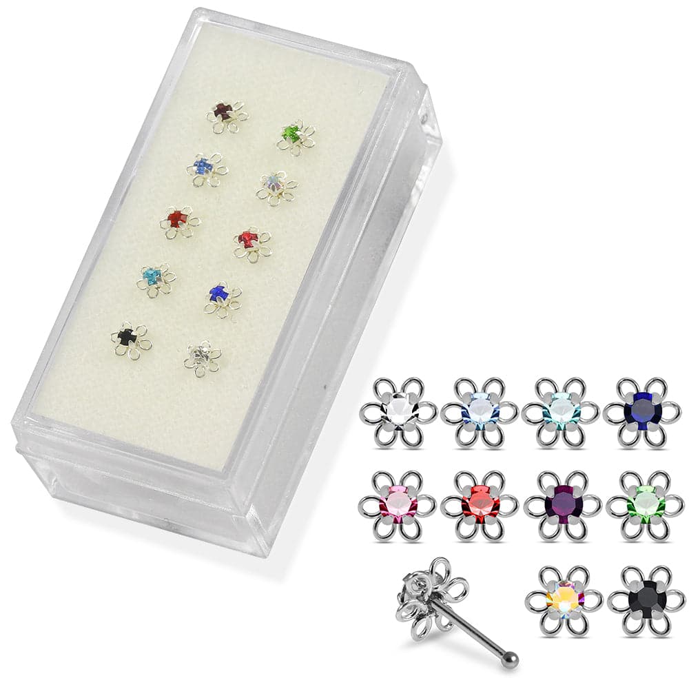 925 Sterling Silver 10pcs Round CZ Jewelled in center Flower Nose Bone Set - Monster Piercing