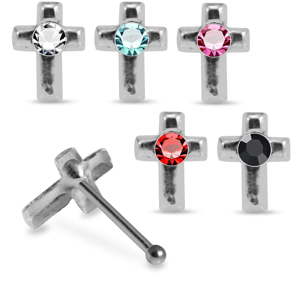 925 Sterling Silver 5pcs CZ Jewelled Cross Nose Bone Box - Monster Piercing