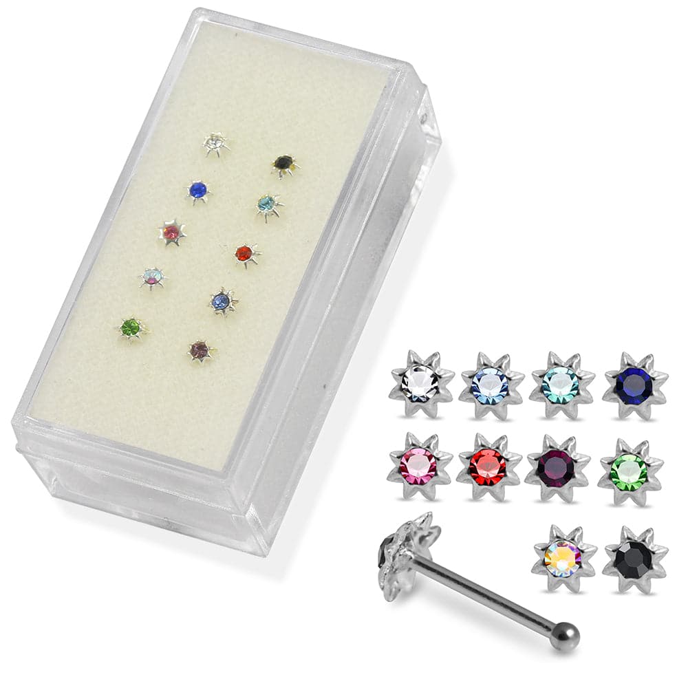925 Sterling Silver 10pcs CZ Jewelled Sun Nose Bone Set - Monster Piercing