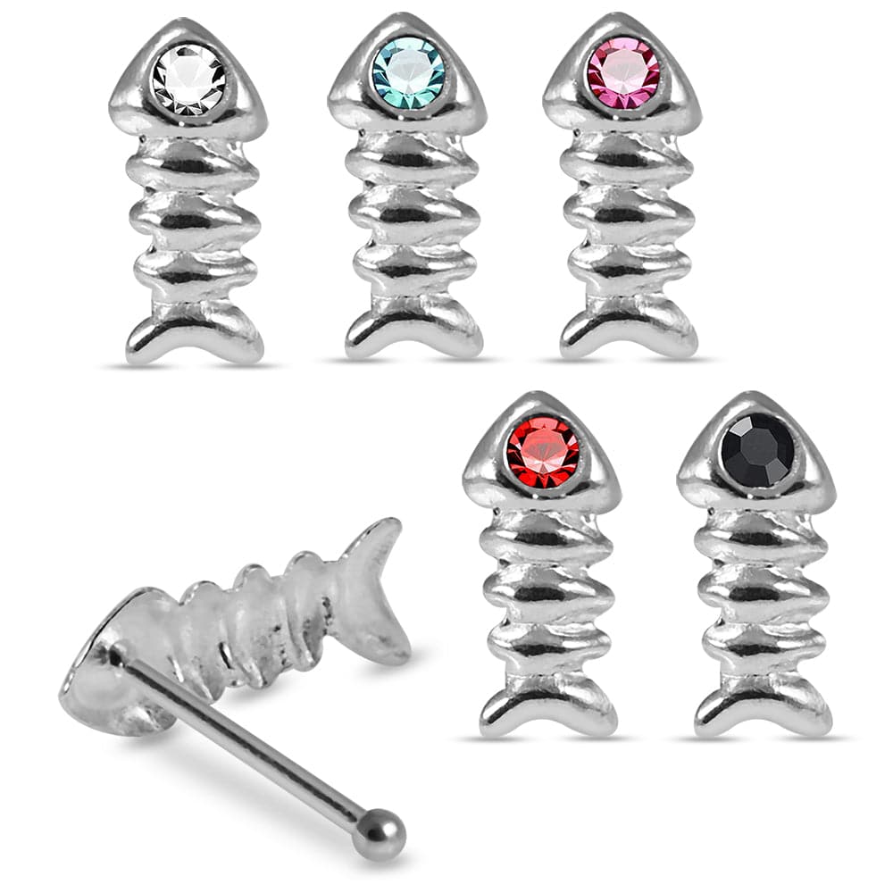 925 Sterling Silver 5pcs CZ Jewelled Fish Bone Design Ball End Nose stud Box - Monster Piercing