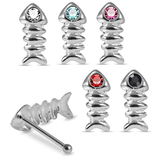 925 Sterling Silver 5pcs CZ Jewelled Fish Bone Design Ball End Nose stud Box - Monster Piercing