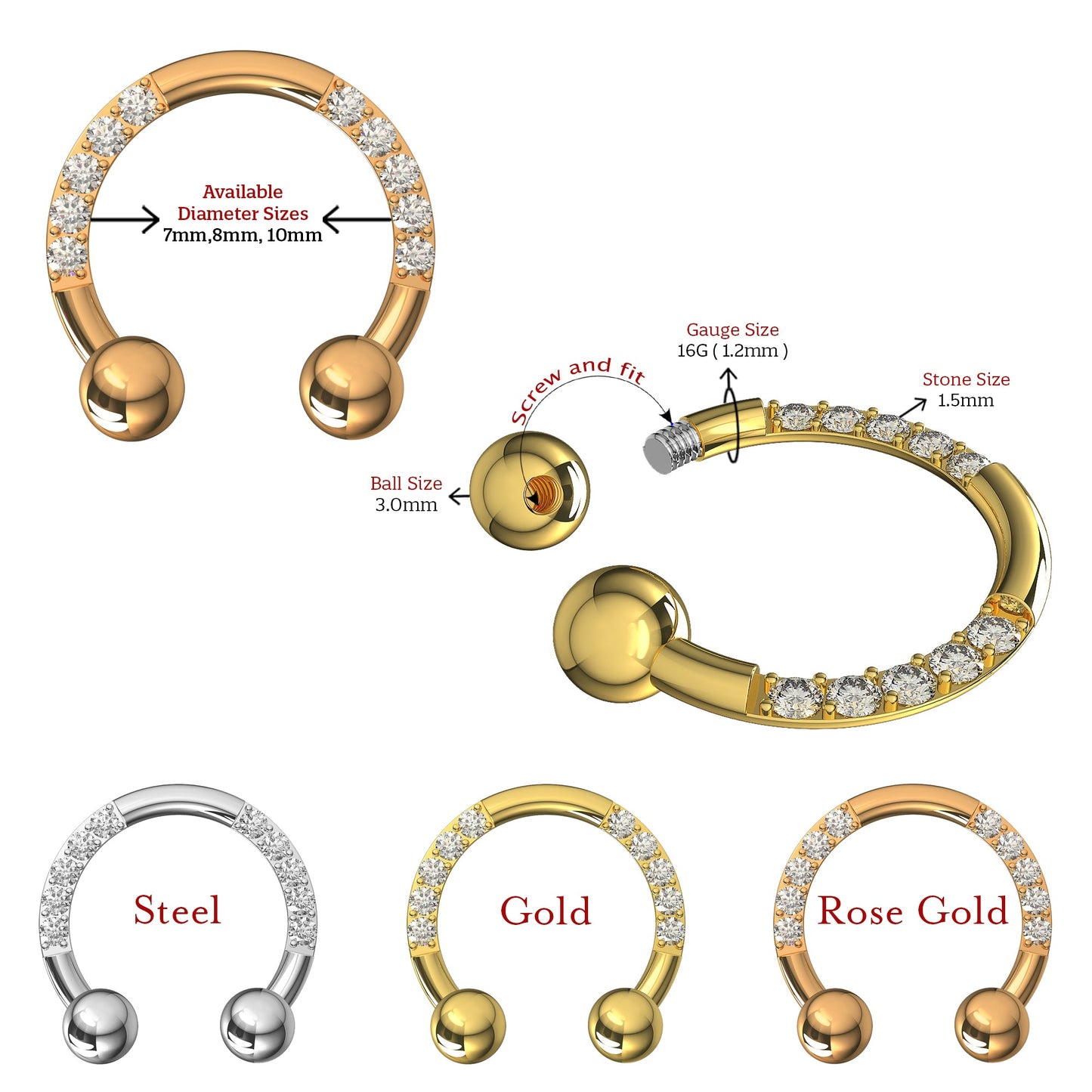 G23 Titanium Multi CZ Jewelled Circular Barbell with Ball - Monster Piercing