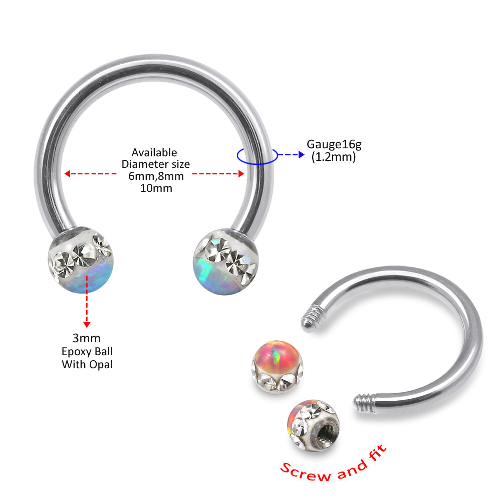 316L Surgical Steel CZ and Epoxy Ball with Opal Jewelled Circular Barbell - Monster Piercing