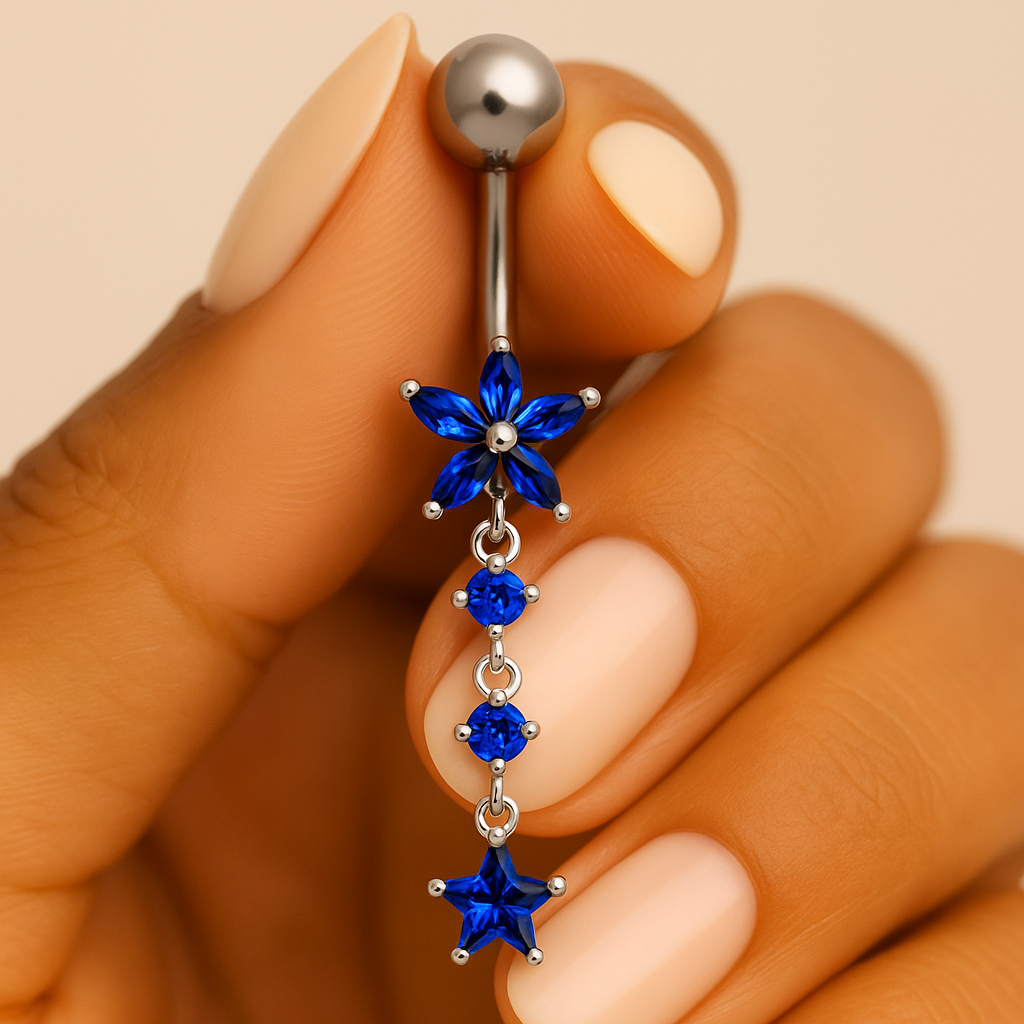 925 Sterling Silver Jewelled Moving Flower Design Belly Ring